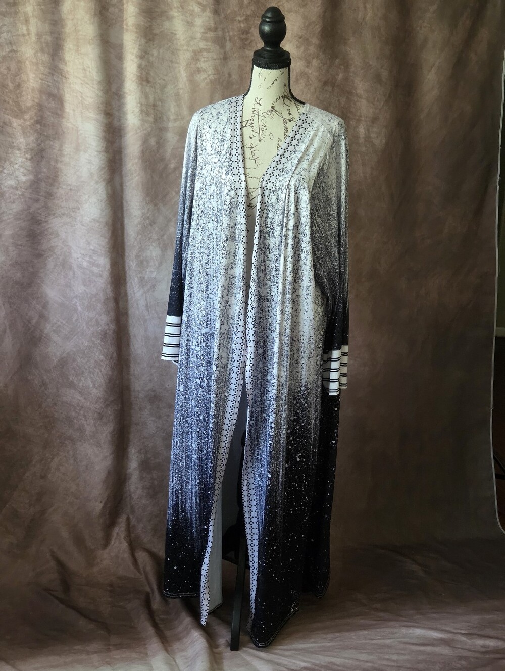 Long Ombre Black to White Open Front Duster Coat